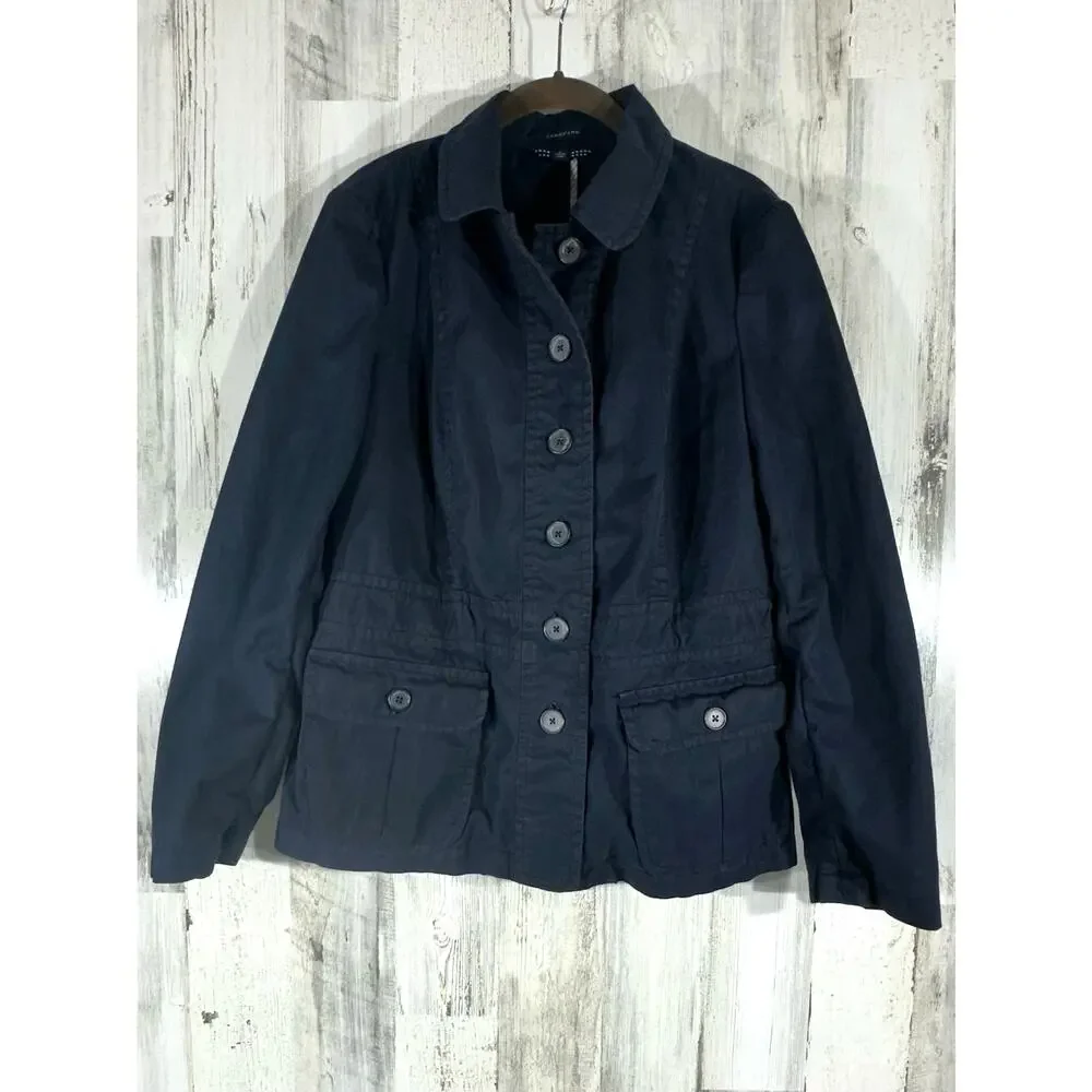 Lands End Womens Field Jacket Size 12 (4) Navy Blue Elastic Gathered Waist‎ READ